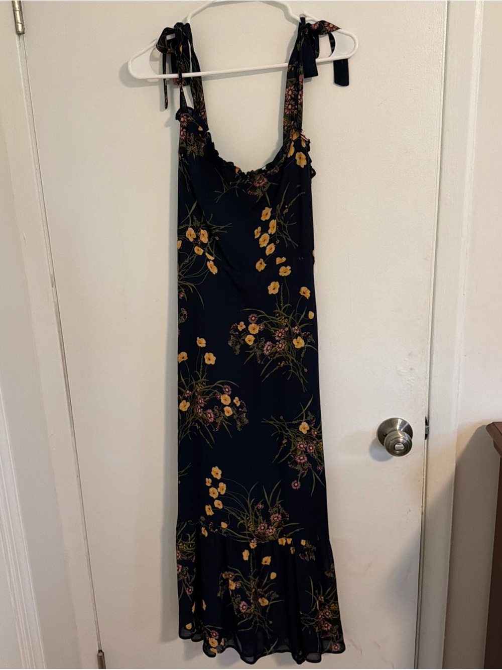 Reformation Navy Floral Tie-Shoulder Maxi Dress with Yellow Blooms